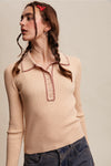 Contrast Stitch Ribbed Knit Top- Oatmeal