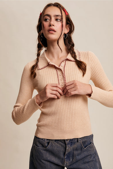 Contrast Stitch Ribbed Knit Top- Oatmeal