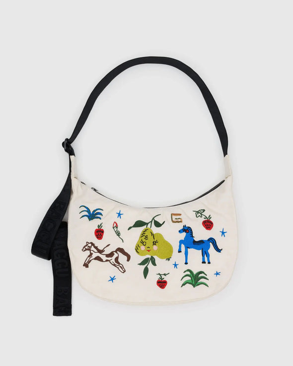 Baggu Medium Nylon Crescent Bag- Embroidered Painted Prairie