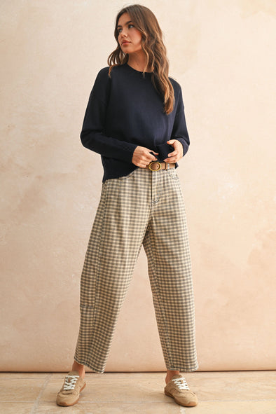 Check Pattern Barrel Pants- Beige/Charcoal