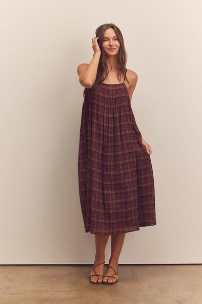 Pleated Midi Cami Dress- Berry Plaid