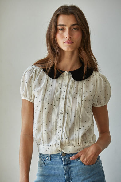 Chiffon Flocked Velvet Dot Blouse- Cream/Black