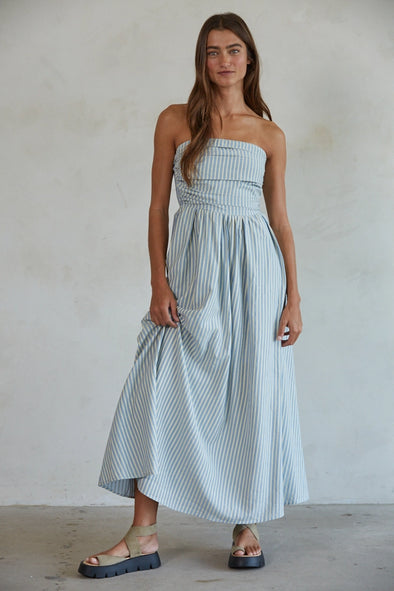 Ramona Strapless Maxi Dress- Dusty Blue Stripe – Mom's Sweet Shop