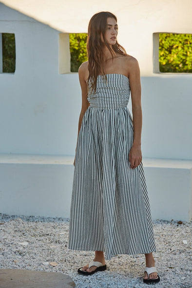 white dress black stripes Women's Crisp Contrast Black & White Stripe Strapless Midi Dress | Size: L