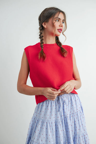 Sleeveless Knit Back-Tie Top- Red