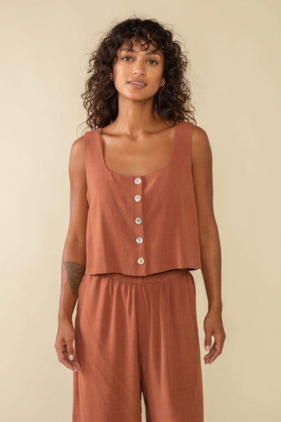 Square Neck Linen Vest- Rust