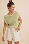 Contrast Rolled Edge Sleeveless Sweater- Light Kiwi