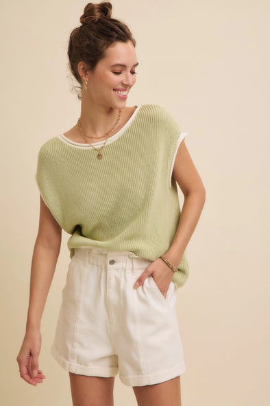 Contrast Rolled Edge Sleeveless Sweater- Light Kiwi