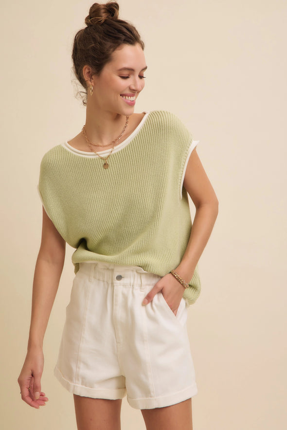 Contrast Rolled Edge Sleeveless Sweater- Light Kiwi