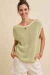 Contrast Rolled Edge Sleeveless Sweater- Light Kiwi
