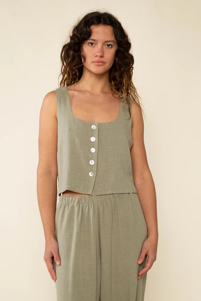 Square Neck Linen Vest- Sage
