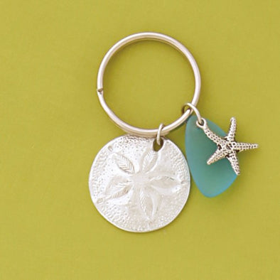 Pewter Sanddollar Keychain w/ Turquoise Seaglass