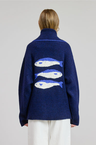 Hand Stitched Sardines Cardigan- Navy/Blue