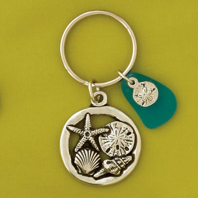 Pewter Seashell Keychain w/ Turquoise Seaglass