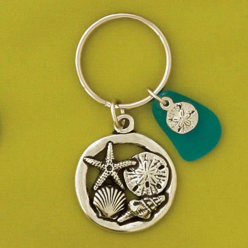 Pewter Seashell Keychain w/ Turquoise Seaglass