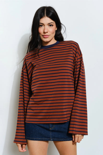 Hasley Boat Neck L/S Top- Rust/Navy