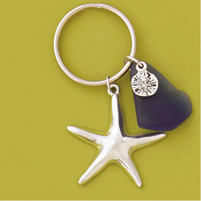 Pewter Seastar Keychain w/ Blue Seaglass