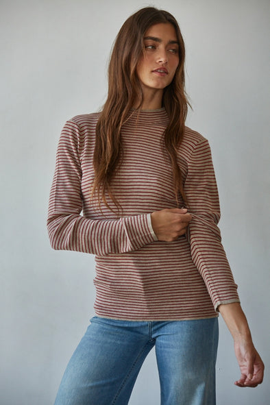 Striped Mock Neck L/S Top- Taupe/Red
