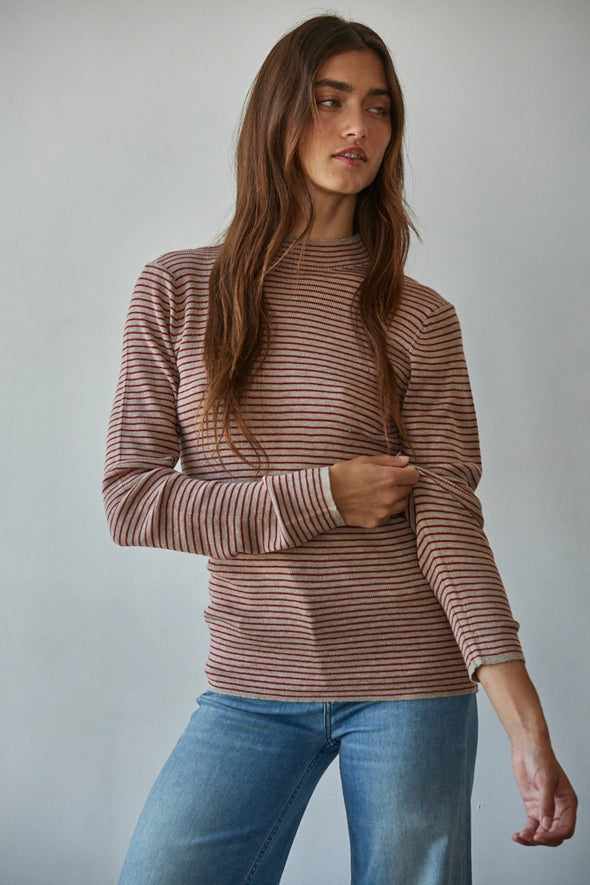 Striped Mock Neck L/S Top- Taupe/Red