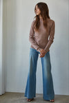 Striped Mock Neck L/S Top- Taupe/Red