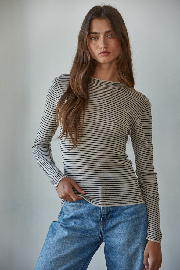 Striped Mock Neck L/S Top- Taupe/Black