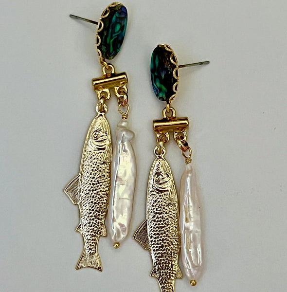 Sunny Fish & Pearl Earrings