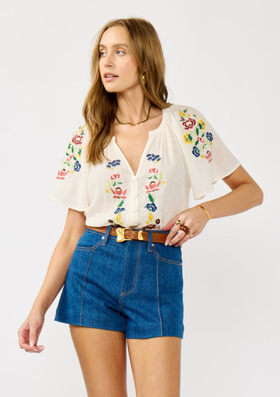 Francis Embroidered Flutter Sleeve Top- Cream