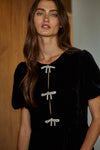 Velvet Sparkle Bow Mini Dress- Black
