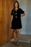 Velvet Sparkle Bow Mini Dress- Black