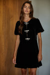 Velvet Sparkle Bow Mini Dress- Black