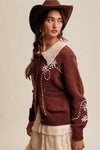 Embroidered Collar Knit Cardigan-Cinnamon