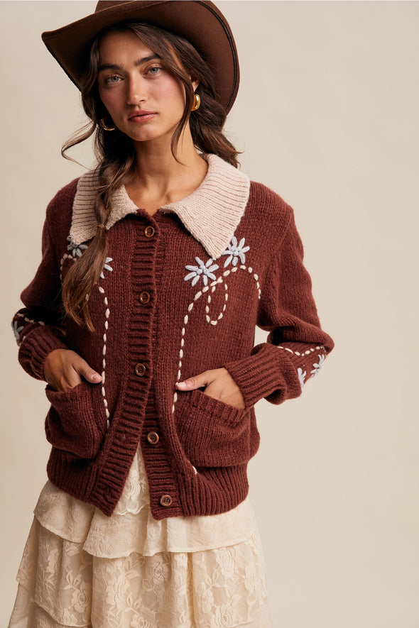 Embroidered Collar Knit Cardigan-Cinnamon