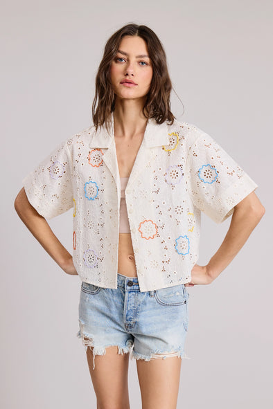 Yvette Bead Embroidered Eyelet Shirt- Cream/Multi