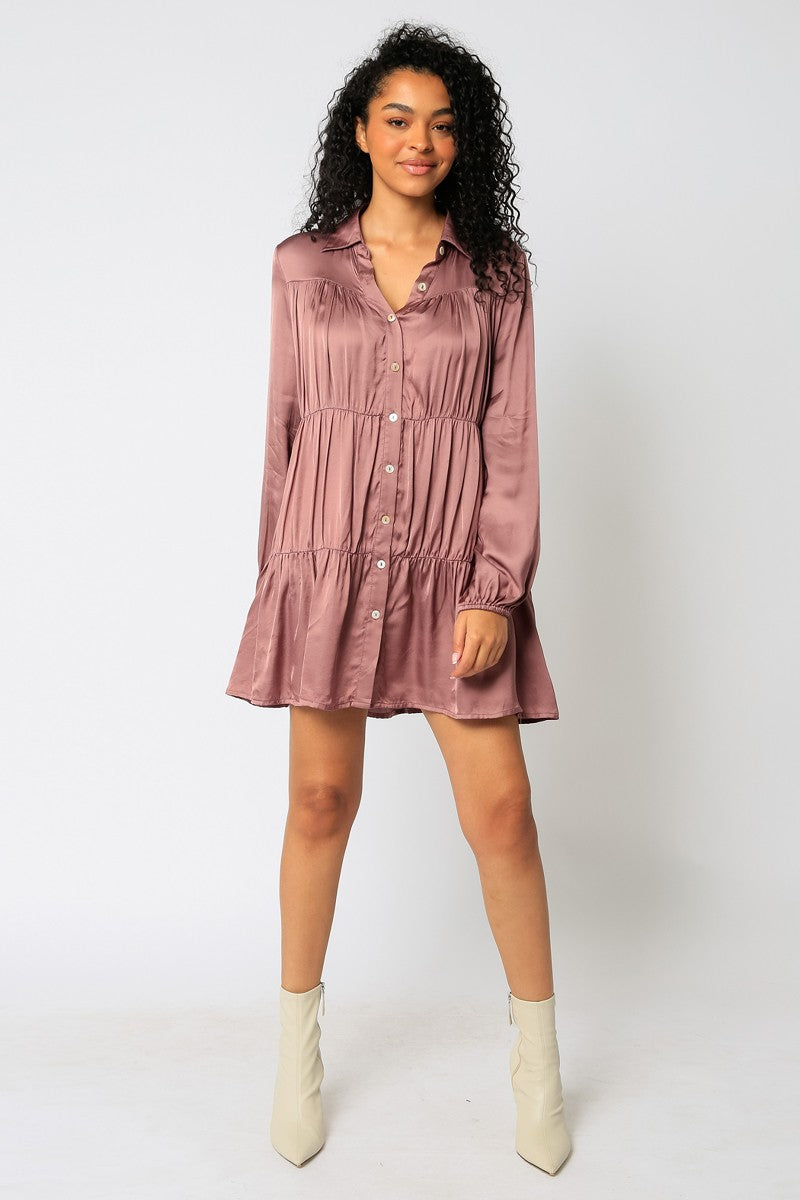 CLEARANCE- Upper West Side Satin Shirt Dress- Mellow Mauve - CLEARANCE- Upper West Side Satin Shirt Dress- Mellow Mauve -