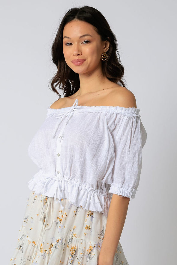 CLEARANCE- Off Shoulder Crop Peasants Top- White