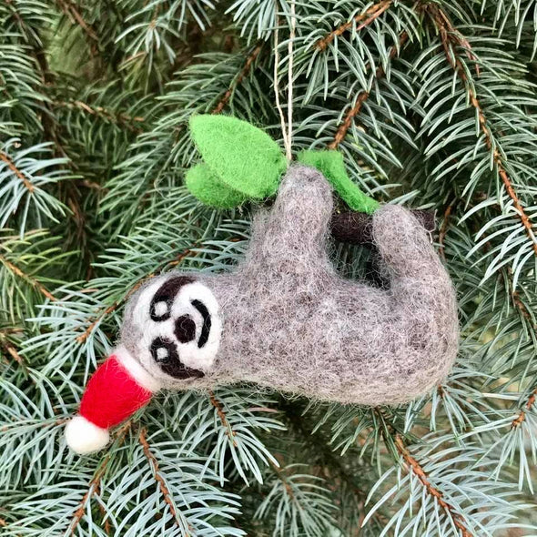 1 Felted Wool Sloth w/ Santa Hat Ornament