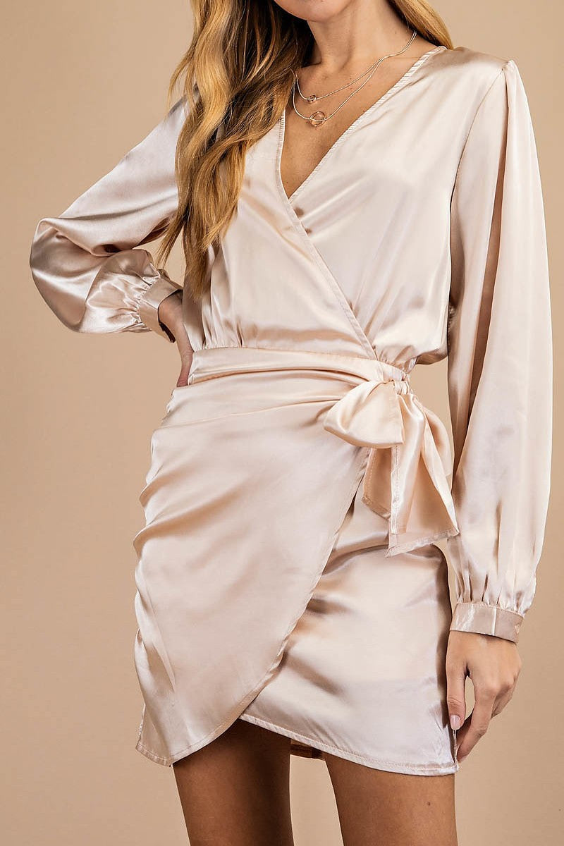 CLEARANCE- Celeste Tulip Hem Mini Wrap Dress- Champagne - CLEARANCE- Celeste Tulip Hem Mini Wrap Dress- Champagne -
