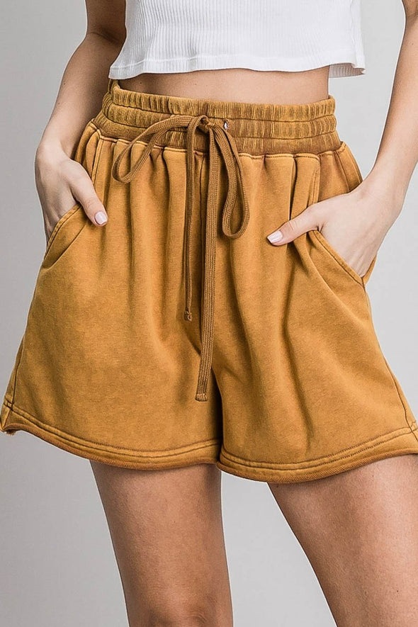 CLEARANCE- Garment Washed Sweat Shorts- Mustard