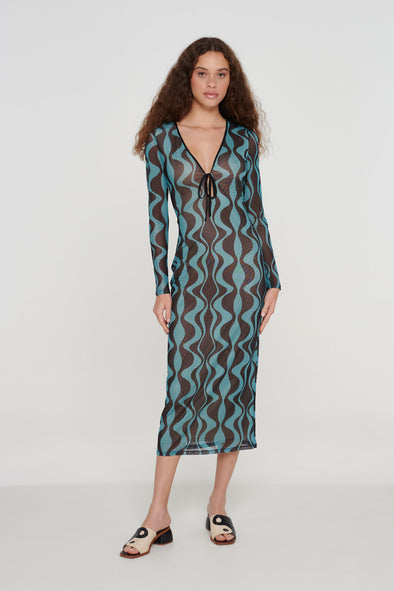 CLEARANCE- Wave Print Tie Front Mesh Midi Dress- Black/Blue - CLEARANCE- Wave Print Tie Front Mesh Midi Dress- Black/Blue -