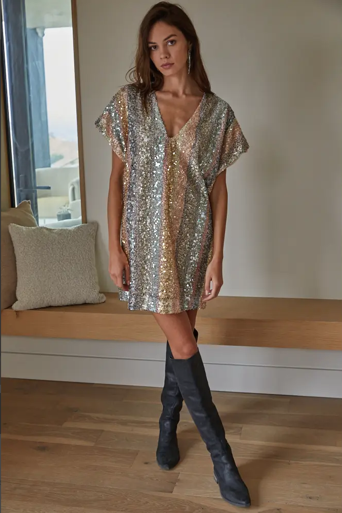 CLEARANCE! Tuni Sequined Short Sleeve Mini Dress- Champagne