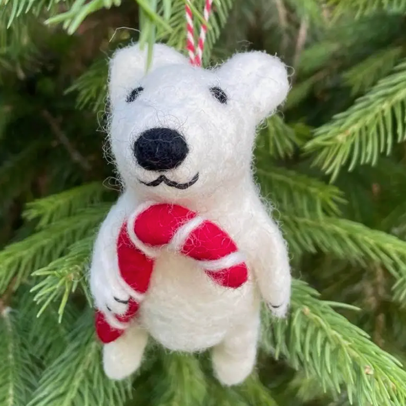 1 Felted Wool Bear with Candy Cane Ornament