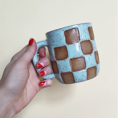 Handmade Ceramic 12oz Checker Mug- Light Blue