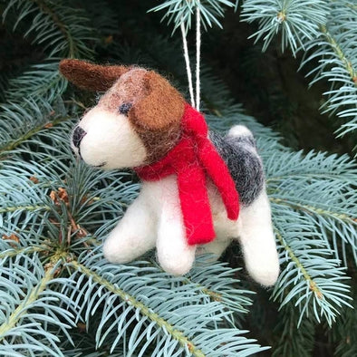 1 Felted Wool Dog w/ Scarf Ornament