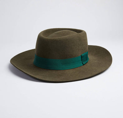 Valencia Country Style Wool Felt Hat- Olive w/ Emerald Band
